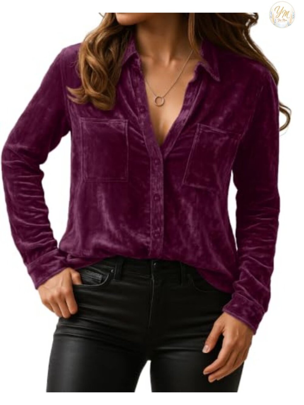 Women's Velvet Button Down Shirt Long Sleeve Lapel Neck Slim Fit Blouse